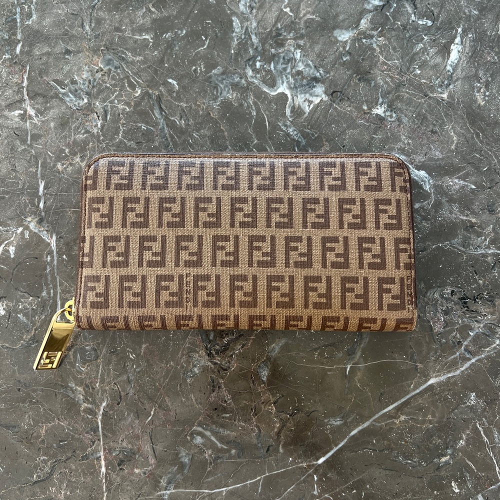 Fendi Brown/Tan Zucca FF Long Zip Wallet with Gold Hardware